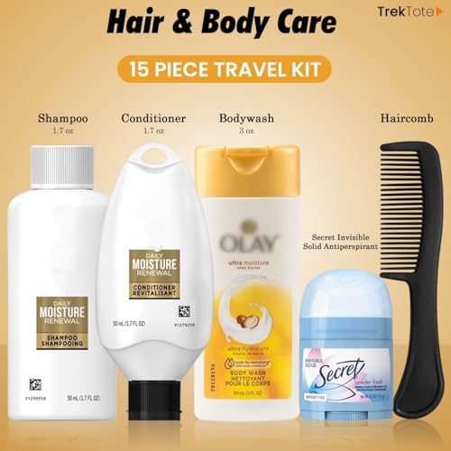 Trektote Travel Toiletry Kit For Women – 15 Piece Set of Travel Size Toiletries, TSA Compliant, Travel Essentials, Includes Shampoo And Conditioner, Body Wash, Toiletry Bag & More - Image 3