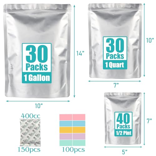 Image of 100pcs Mylar Bags for Food Storage 12 Mil Thick with 150x400cc Oxygen Absorbers & Labels, 3 Sizes (1 Gallon, 1 Quart, 1 /2 Pint) - Stand-Up, Resealable & Heat Sealable for Long Term Food Storage