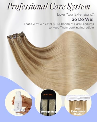 Image of Full Shine Clip in Hair Extensions Real Human Hair, 20 Inch 150g 7Pcs | Golden Blonde Highlight Dirty Blonde Thick Hair Extensions, Double Weft Human Hair for Natural Blend, Everyday Wear