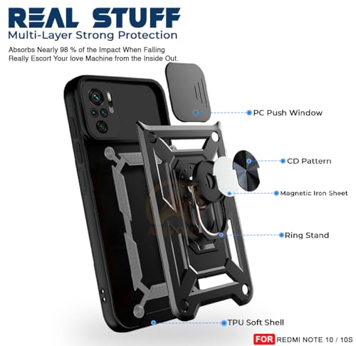 Image of Armor Bumper Back Cover Case for Redmi Note 10 / 10S Rotating Camera Cover, Ring Holder & Kickstand | Heavy Duty & 360 Degree Protection Redmi Note 10 / 10S Back Cover (Black)