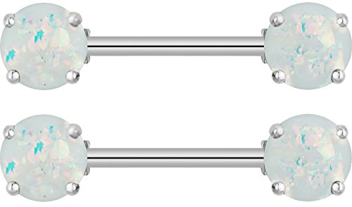 Forbidden Body Jewelry 14G Set Of Surgical Steel Pearl White Simulated Opal Glitter Gemstone Nipple Ring Barbells #TOP25