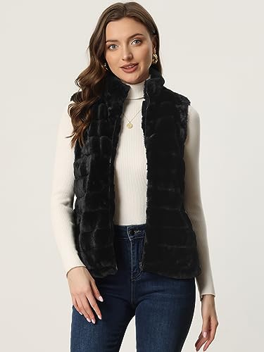 Allegra K C2301100257 Faux Fur Vest For Women'S Zip-Up Sleeveless Winter Coat Medium Black thumb #3