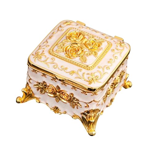 YUSSEQDD Elegante joyero cuadrado de recuerdo, caja de regalo, solución de almacenamiento vintage única con tallas de rosas, almacenamiento decorativo de, oro rosa, 7x7x5cm