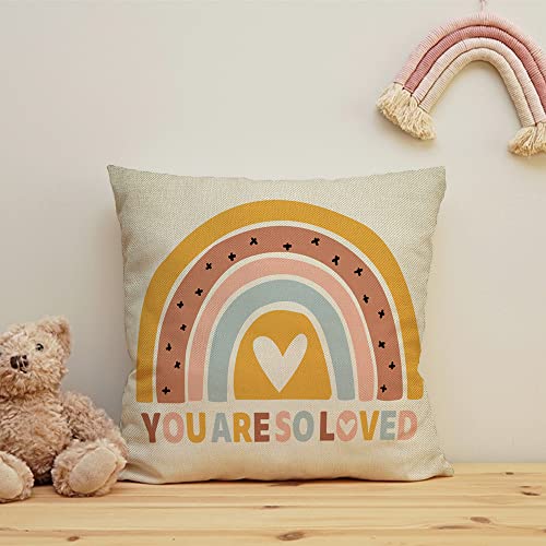 Image of Boho Rainbow Home Decorative Throw Pillow Cover, You are So Loved Inspirational Quote Heart Cushion Case 18x18 for Girls Kids Bedroom Nursery Decor Bohemian Neutral Baby Shower Decoration Gifts