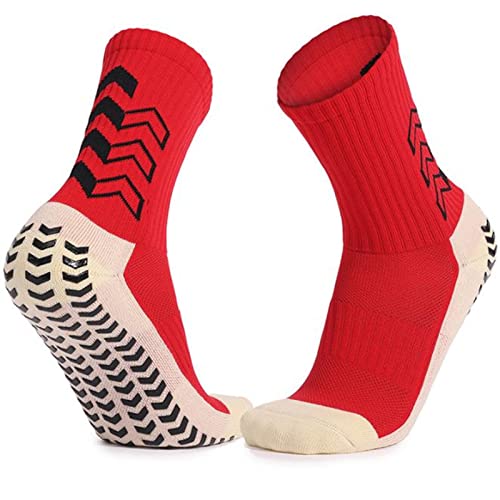 Rutschfeste Herren-Sportsocken, rutschfeste Mittelrohr-Socken, dicke Frottee, Fußballsocken, Sport, Basketball, Laufen (Farbe: Rot, Größe: Einheitsgröße) Cover