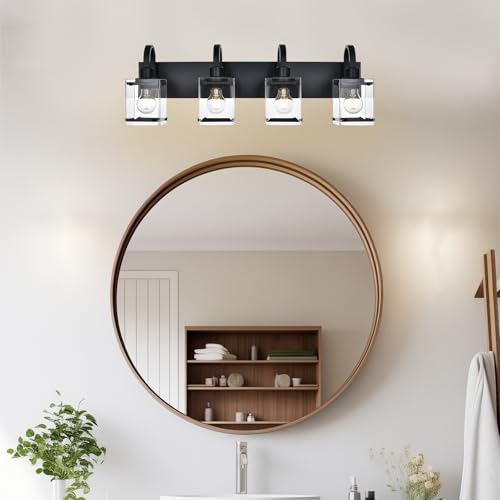 Image of Black Vanity Light Bathroom Lighting Fixtures 4 Light Sconces Wall Lighting Mid Century Rustic Vanity Lights with with Glass Shade Porch Cage Wall Lamp for Mirror, Living Room, Bedroom