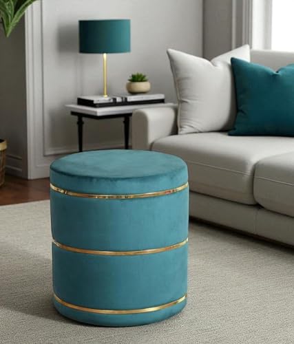 Image of Velvet Round Footrest Ottoman with Golden Accent - Soft Padded Stool for Living Room, Bedroom & Dressing Area (Aqua)