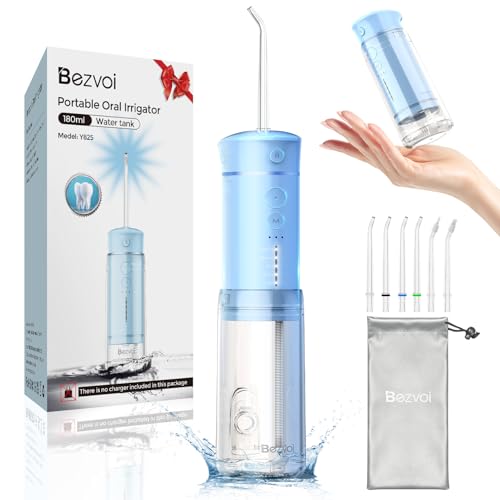 Irrigador bucal portátil: irrigador oral eléctrico, 5 modos, depósito de agua de 300 ml, IPX7, limpiador bucal impermeable con 6 puntas (azul)