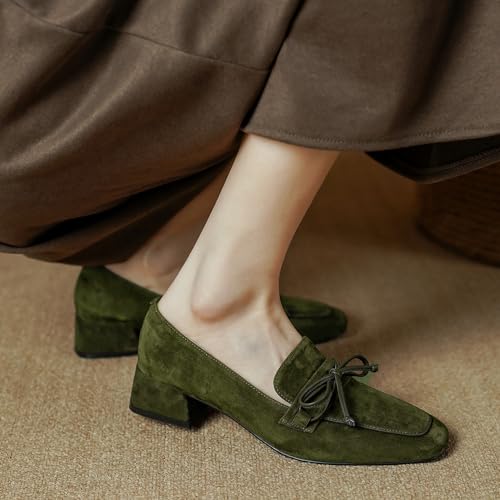 MOOMMO Women Chunky Low Heel Loafers Bow Suede Slip On Closed Square Toe Loafer Shoes Oxfords Comfy 1" Block Heels Dress Shoes Pumps Office Work Pumps Vintage Retro Comfy 4-11 M US2