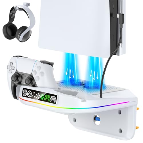 Image of PS 5 Wall Mount Kit with Cooling Fan and Charging Station Compatible with P5 / Slim / Pro Disc and Digital, PS Five Floating Base Holder Shelf with 9 RGB Lights & 3-Level Fan, P5 Accessories for Gaming