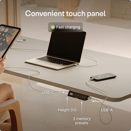 Image of Desktronic HomePro Standing Desk 48x24 - Made in Europe, Ergonomic Sit Stand Home Office Desk, Electric Height Adjustable, Dual Motor, USB & USB-C Charging, Wobble-Free, Touchscreen, 3 Memory Presets