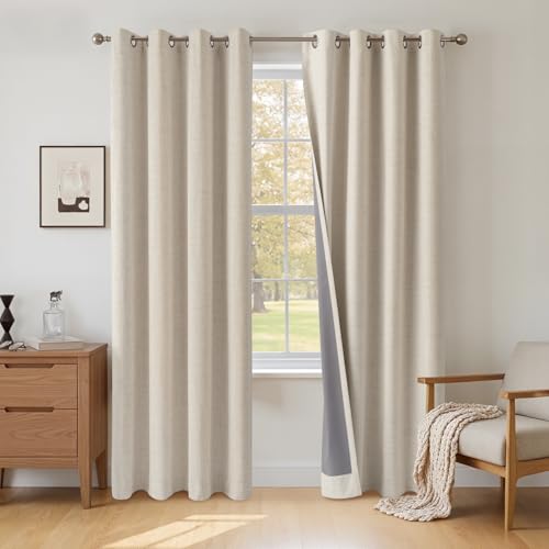 INOVADAY 100% Blackout Curtains 84 Inch Drop 2 Panels, Thermal Insulated Eyelet Curtains with Coating Back Layer for Bedroom & Living Room, 50 W x 84 L, Cream