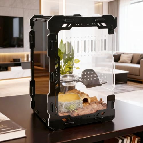 Image of Jumping Spider Enclosure - 3mm Black Transparent Acrylic Terrarium for Tarantulas, Mantises & Frogs, 11.8x5.9x5.9 Inch Mechanical Frame Habitat with Magnetic Feeding Hole & Rotating Lock