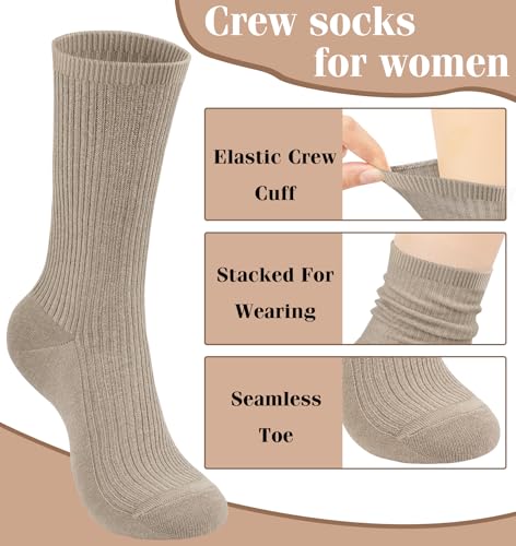Image of YSense Women's Cotton Crew Socks 6 Pairs, Long Cute Aesthetic Neutral Athletic Boot Socks for Women Stocking Stuffers Gifts