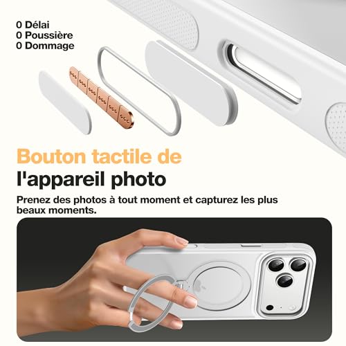 Coque iPhone 17 Pro Max Tapify avec support rotatif et anneau MagSafe blanc