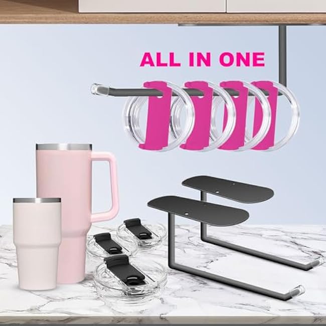 2 Pack Tumbler Lid Organizer, Space Saving Lid Organizer for Yeti/Stanley/Owala/Simple Modern Cup Lids Hook, Self-Adhesive/Drilling Lid Hook for Kitchen Cabinet Organizers and Storage