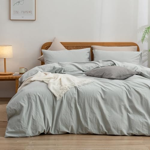 Image of BESTOUCH Cotton Solid Duvet Cover Set Northern Droplet Grey Alaska King | 100% Washed Cotton, Soft Wrinkle Texture, Hidden Zipper, 8 Ties, Breathable Lightweight Durable Comfy, 3 Pcs No Insert