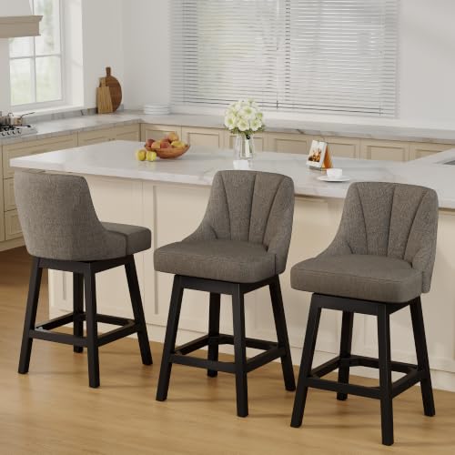 Image of YaFiti 26 inch Fabric Swivel Bar Stools Set of 3 with Back &Wood Leg,Deep Taupe | Linen Fabric, Extra Upholstered Seat, Counter Stool, Square Solid Wood Legs, with Backrest & Footrest, for Kitchen Island Bar
