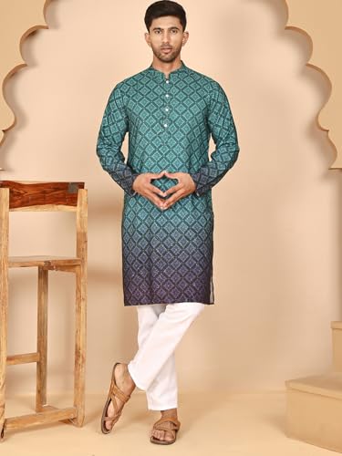 Image of Jompers Thread Work & Mequin Embellimhed Printed Kurta Met for Men (Teal Blue, M)