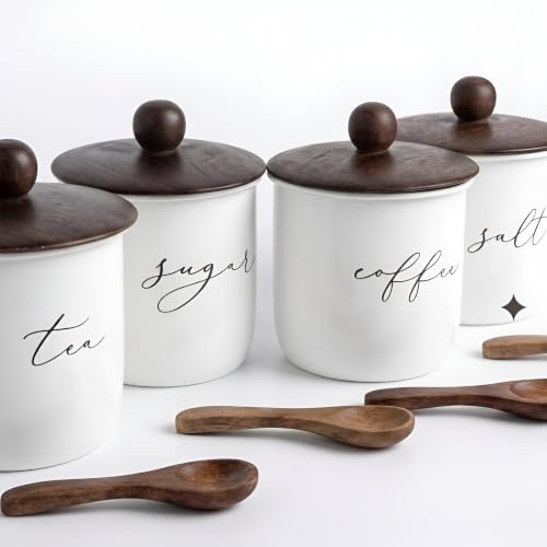 Image of Kitchen Canister Set of 4, White Metal with Wooden Lid, Tea Sugar Coffee Salt Storage Jars, 800ml, 11x15 cm | Food-Safe Jar Set for Kitchen counter top Container