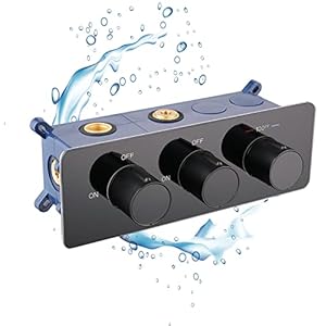 2 Way Shower Diverter Thermostatic Valve, 3 Handle Multi Function Shower Valve, Brass Construction with Tempered Glass Panel, Concealed Mixing Valve Control Flow and On-Off Simultaneously