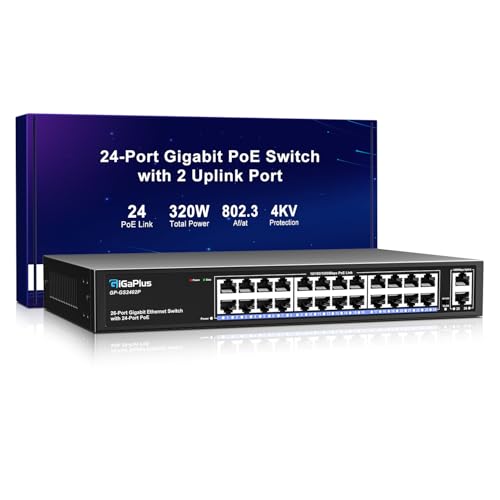 26 Port Gigabit PoE Switch with 24 Port PoE+ 1000Mbps 2x1000Mbps Uplink GiGaPlus 26 Port IEEE802.3af/at PoE @320W Support VLAN Metal Housing Desktop or Wall-Mount Plug & Play