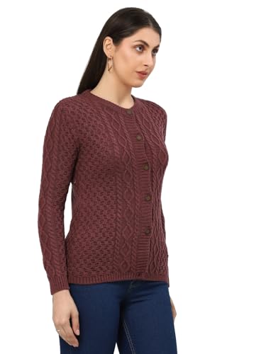 Image of Kalt Women Sweater for Winters Woolen Acrylic Full Sleeve Round Neck Cable Design Cardigan Sweater
