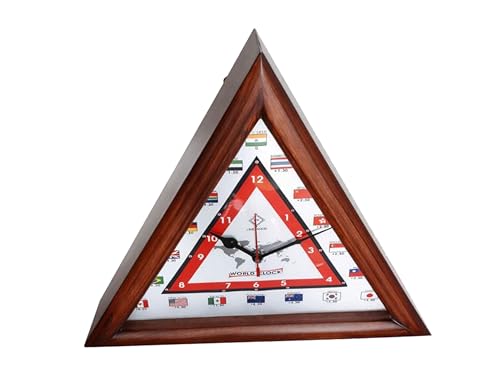 Image of LINE Wood - Antique Wooden Wall Clock - Triangular Shape Multi-Country World Clock with Time Zones Vintage Style for Home, Office, Bedroom, Hall, Living Room, Farmhouse Decor (16 INCH)