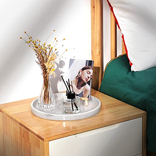 Emibele Vanity Tray, Resin Round Tray Decorative Storage Organizer for Bathroom Toilet Tank Bedroom Kitchen Countertop, Jewelry Storage Dresser Tray for Candle, Lotion Bottle, Cosmetics, Marble White