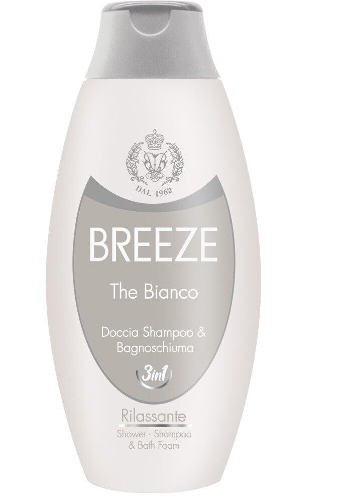 12x BREEZE The Bianco Doccia-Shampoo e Bagnoschiuma,deterge efficacemente corpo pelle e capelli 400ml + 1 Busta di Talco Felce Azzurra in omaggio da 100g