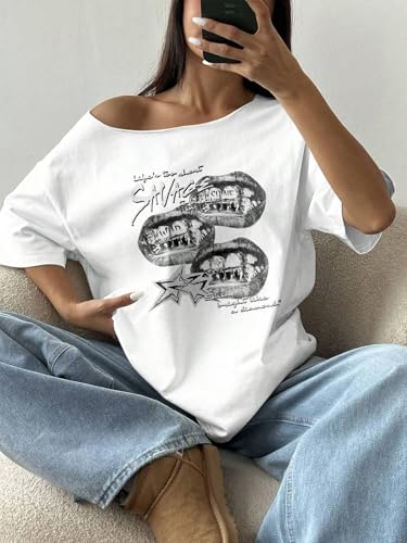 Image of SXV STYLE Women's Off Shoulder t Shirt, Savage Lips Graphic Print, Long Sleeve, White and Black