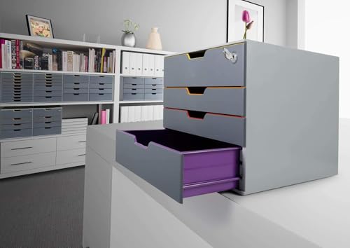 Durable 760627 Pojemnik Varicolor 4 Safe (z czterema kolorowymi szufladami, górna zamykana na zamek), wielokolorowy.