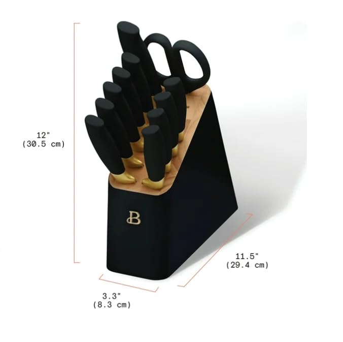 12-Piece Stainless Steel Knife Set with Block and Soft Grip Handles – Black Sesame by Drew Barrymore