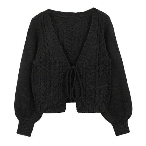 Image of ZAFUL Women's Tie Front Crop Cardigan Sweater V-Neck Lantern Sleeve Open Front Loose Casual Knitwear