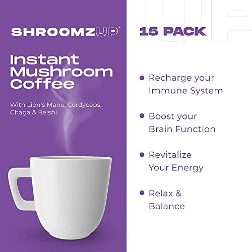 Shroomzup Mushroom Coffee Instant - 15 Single Serve Packets with 4 Mushrooms - Lion’s Mane, Reishi Chaga Cordyceps - Vegan Nootropic Coffee for Energy - Image 3