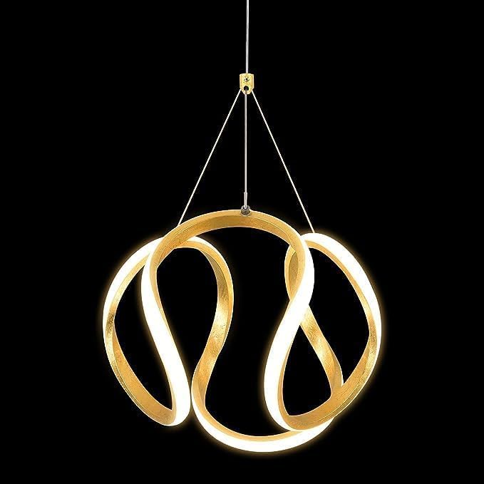 Image of DarkVision Modern Ribbon LED Hanging Ceiling Light for Living Room | Contemporary Hanging Fixture Gold Spiral Pendant | 3 in 1 Color Changing Lighting for Dining Room, Kitchen and Home Decoration