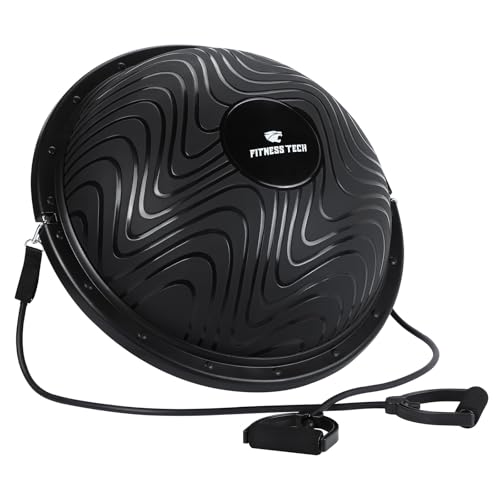 Fitness Tech Semiesfera de Equilibrio, 58 cm, Pelota con Bandas de Resistencia e Inflador, Base de Entrenamiento para Yoga y Pilates, Color Negro