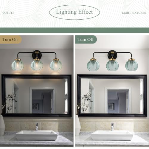 Image of 3 Light Bathroom Vanity Light Fixture, Modern Glass Globe Wall Sconce with Ribbed Green Shade, Vintage Wall Lamp for Over Mirror, Bedroom, Hallway, Living Room, 23.6x7.9 inches