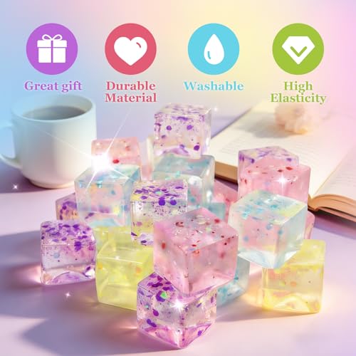 Image of 24Pcs Glitter Ice Cube Squishy,Bulk Stress Sparkle Fidget Toys, Ice Cube Squeeze Toys - Square Sensory Toys, Squeeze Toys - Small Stress Balls for Adults, Perfect Party Toy Gift