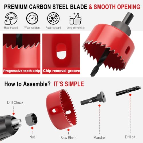 Image of 7-Piece Hole Saw Kit with Mandrel for Softwood and PVC | Carbon steel hole saw kit for softwood, plywood, PVC and drywall; includes five sizes, mandrel and hex key; not for metal