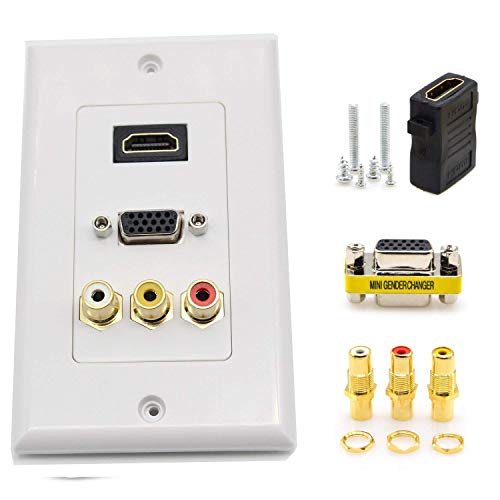 SinLoon Multifunction Hdmi VGA 3RCA Combo Home AV Outlet Audio Video Wall Plate Face Cover Plate Panel(1 Hdmi+ 3 RCA + 1 Vga)-White