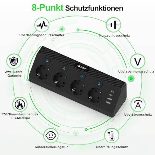 Steckdosenleiste mit 2 USB C und 2 USB A, 4 Fach Ecksteckdose Einzeln Schaltbar Mehrfachsteckdose Überspannungsschutz 3680W Mehrfachstecker Wandmontage, Steckerleiste 2M Kabel Schwarz für Küche Büro 6