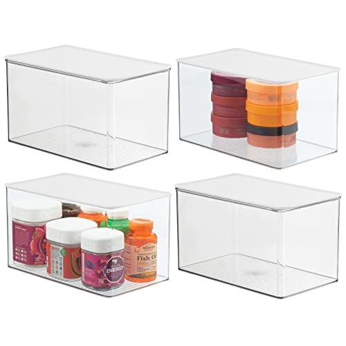 mDesign Stackable Bathroom Storage Box with Lid - Container for Organizing Hand Soaps, Body Wash, Shampoos, Conditioners, Hand Towels, Hair Accessories, Body Spray, 4 Pack - Clear/White