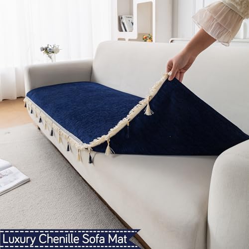 Image of HOKIPO 'Serenity Tassel' Chenille Sofa Cover 6 Seater Set with Tassels - Washable 3+2+1 Sofa Cover Mat | Sapphire Navy (IN-890 + IN-891 + IN-892 - NBL)