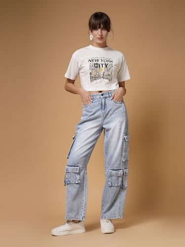 Image of Cargo Blue Jeans for Woman | Straight Cargo Pants with Multiple Pockets | High Rise Denim Jeans for Women