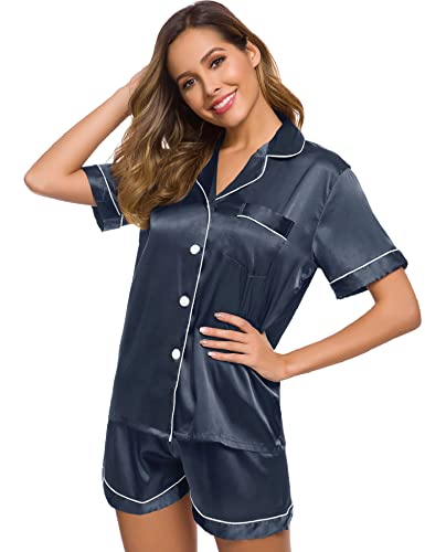 Image of SWOMOG Womens Silk Satin Pajamas Short Sleeve Sleepwear Button Down Loungewear Two-Piece Pj Set Deep Grey