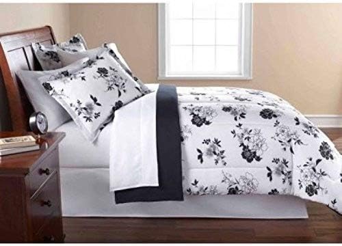 Keeco Mainstays 8 Piece OPP Floral Bed in Bag Comforter Set, Queen, Black White