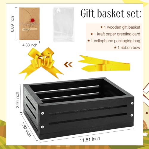 Image of Wonderjune Wooden Baskets for Back to School Gifts Empty Wood Basket with Cellophane Bag Ribbon Greeting Card for Birthday Baby Shower Wedding Housewarming Gifts Packaging(Black,Small)