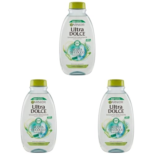 Garnier Shampoo Ultra Dolce Acqua di Cocco e Aloe Vera, Idrata i Capelli senza Appesantire, 300 ml (Confezione da 3)