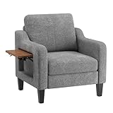COLAMY Modern Accent Chair with Foldable Table, Upholstered Living Room Side Chair with 2 Side Pockets, Wooden Fabric Armchair, Single Sofa for Bedroom/Office/Reception Room, Grey COLAMY Modern Accent Chair with Foldable Table, Upholstered Living Room Side Chair with 2 Side Pockets, Wooden Fabric Armchair, Single Sofa for Bedroom/Office/Reception Room, Grey